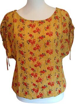 Jenny Han mustard silk top with roses scoop neck size M